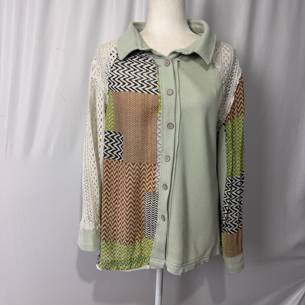 POL Patchwork Waffle Knit Crochet Lace Button Front Shacket Green Sz M
